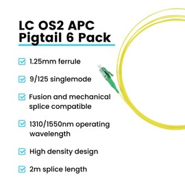trueCABLE Simplex LC Angled Physical Contact OS2 Singlemode PVC (LSZH) 0.9mm, Fiber Optic Pigtail Fusion and Mechanical Splice, Singlemode 9/125 900um Tight Buffer, 2m, 6 Pack
