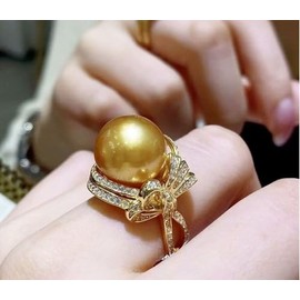 14mm CZ Big Pearl Statement Wedding RingLarge South Ocean Gold Pearl Ring Inlaid with Zircon Butterfly Shape AAA Many Small Zircon Adjustable Open Pearl Finger Ring Pearl Statement Jewelry
