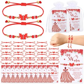 Wenqik 25 Sets Quinceanera Party Favor Gifts for Guests Include Pink Butterfly Wish Bracelets Adjustable Butterfly Bracelet with Wish Card and Organza Bag Sweet Mis Quince for 15 Birthday Party (Red)
