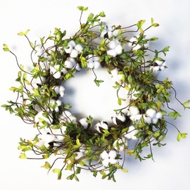 idyllic Green Leaves and Cotton Wreath for Front Door, Artificial Wreath on a Natural Twig Base for Farmhouse, Garden, Wedding, Decor