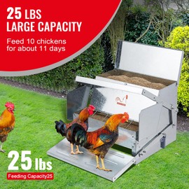 Happybuy Chicken Feeder, 10L Capacity, Automatic Poultry Feeder with Rainproof Lid, Anti-Waste Design, for Backyard Farms, Durable Galvanized Steel, Silver