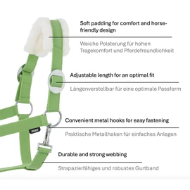 JA Horse Faux Fur Halter Lead Rope Set with Carabiner Hook Adjustable Horse Halter Horse Wooden Horse Tie Rope (Faux Fur Snap Hook Green, Full)