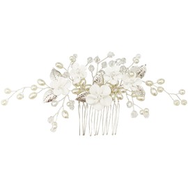 BETITETO Flower Bridal Hair Pieces with Comb Pearl Floral Rhinestone Silver Vine Leaf White Wedding Hair Pin Accessories for Women Girls