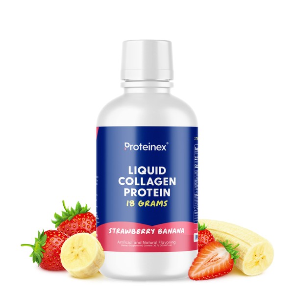 Proteinex Medical Grade Liquid Hydrolized Collagen Protein - Women and Men for Healthy Skin, Hair and Nails - No Carbs, Zero Sugars & Ready to Drink Protein Drink (Strawberry Banana)