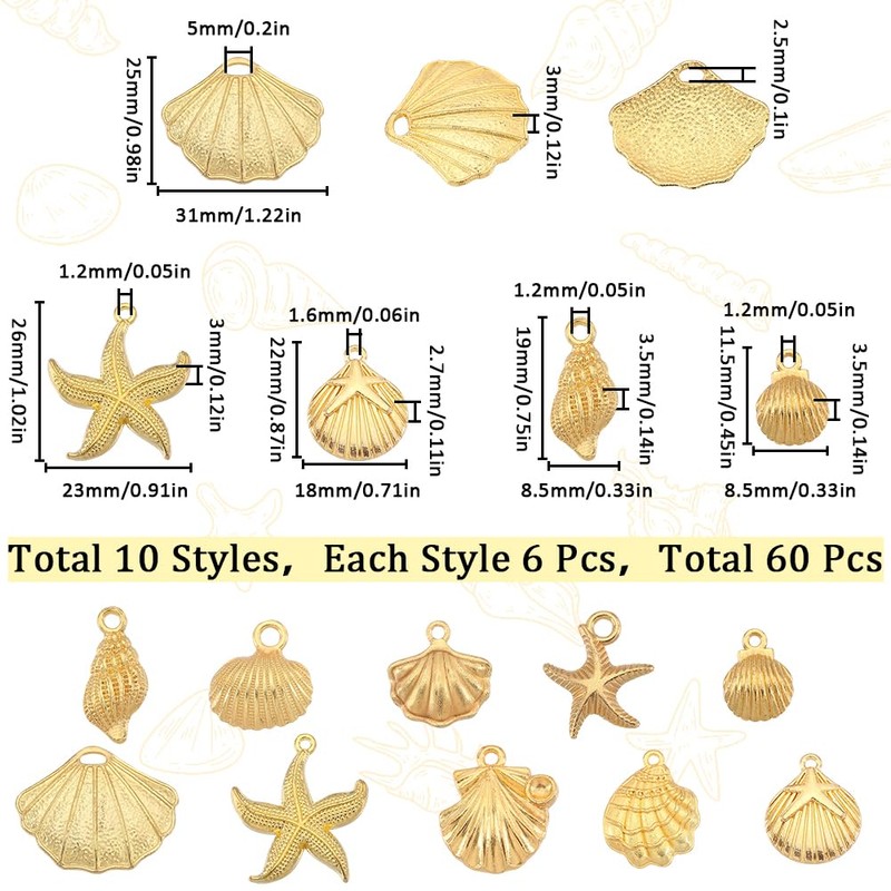 SUNNYCLUE 1 Box 60Pcs 10 Styles Seashell Charms Gold Starfish