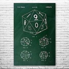 20 Sided Dice Poster Print, Game Room Art, Gamer Gift, Dice Blueprint, Board Game Art, Toy Store Decor, Play Room Decor Green Chalkboard (18 inch x 24 inch)