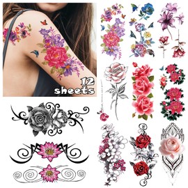 LEADTEAM 12 Sheets Fake Tattoos, Temporary Tattoos, 3D Colour Tattoo, Rose Tattoo, Flower Tattoo, Arm Tattoos, Adult Tattoos, Stick-On Women's Temporary Tattoo, Men's Fake Tattoos Women