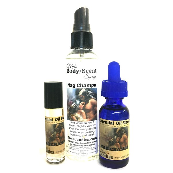 Combo Nag Champa -3 items - 4 ounce Bottle Of Scent Spray, 1 ounce Bottle of Skin Safe Fragrance/Perfume Oil And 10 Ml Bottle of Roll-On Perfume Oil