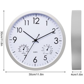 Silent Wall Clock with Temperature Display and Humidity Meter, White Radio Wall Clock Silent with Silent Stainless Steel Frame, Aluminium Silent Radio Clock for Living Room Bedroom