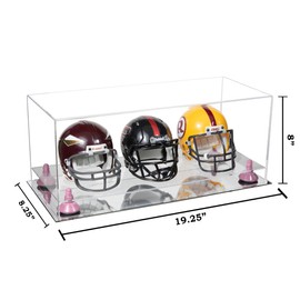 Better Display Cases Acrylic Three Mini - Miniature Football Helmets (not Full Size) Display Case with Clear Case, Pink Risers and Mirror Base 19.25" x 8.25" x 8" (V47/A103)