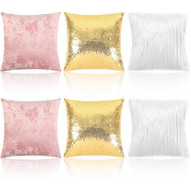 Remagr Pack of 6 Decorative Throw Pillow Covers Solid Square Soft Pillowcase Set Cushion Cases for Sofa Couch Bed Car Home Decor 18 x 18 inches/ 45 x 45 cm (Pink,Gold,White)