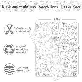 JarThenaAMCS 100 Sheets Kapok Floral Tissue Paper White Black Flower Wrapping Paper Vintage Botanical Decorative Art Paper for Party DIY Crafts, 14 x 20 Inch
