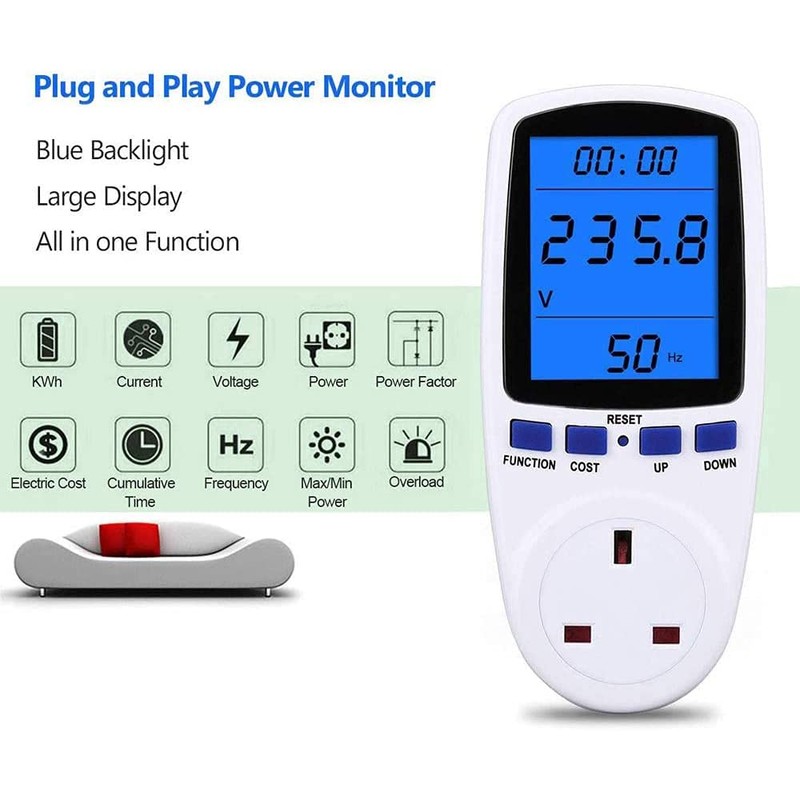Power Meter Plug Energy Monitor Watt Backlight LCD Display Electricity