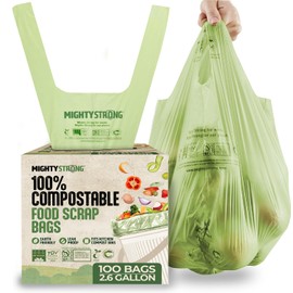 MIGHTY STRONG 100 Count Compostable Trash Bags, 2.6 Gallon/9.84 Liter, Green, Biodegradable, BPI & OK Compost Certified