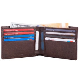 DiLoro Full Grain Textured Leather Slim Bifold Wallet for Men with RFID Blocking Technology holds min 8 Cards fits most Front Pockets in Gemini Brown
