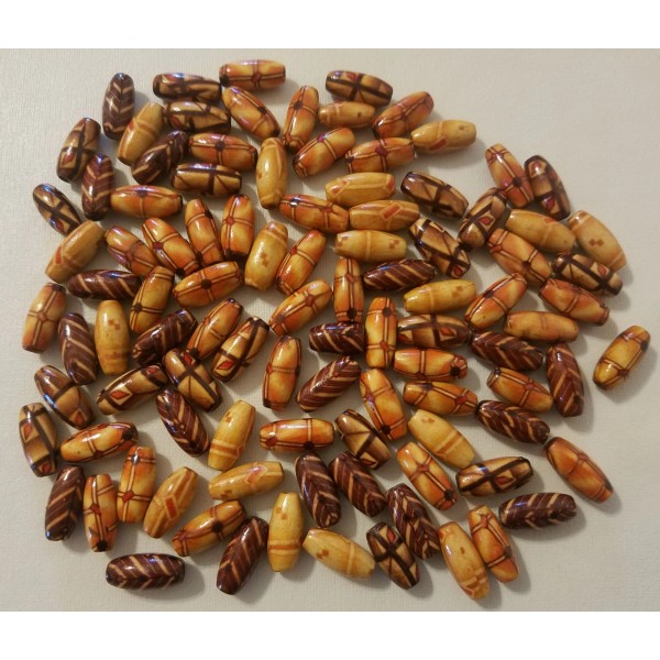 100 Small 17mm Oval Ethnic Pattern Print Wood Micro Macrame