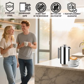 WORBIC French Press Coffee Maker 34oz, Stainless Steel Double Wall Insulated, 3 Extra Filters & Coffee Spoon for Hot/Cold Brew, Durable Coffee Press for Home, Camping, Office - Silver