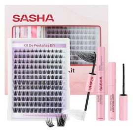 SASHA Extensión Pestañas Postizas Kit Completo, 144 Racimos Individuales Kit de Pestañas, Curvatura Tipo D Longitud Mixtas 9-18mm, Incluye 4 en 1 Herramienta Lash Bond y Seal y Remover y Pinzas