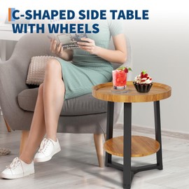 CuisinSmart Round End Table, 19.69IN Wood Tabletop & Black Metal Frame, 2-Tier Side Table for Living Room, Bedroom, Wood Color