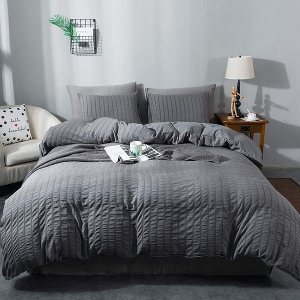 AveLom Seersucker Duvet Cover Set Queen Size (90 x 90 inches), 3 Pieces (1 Duvet Cover + 2 Pillow Cases), Dark Gray Ultra Soft Washed Microfiber, Textured Duvet Cover with Zipper Closure, Corner Ties