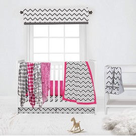 Bacati - Pink/Grey Ikat Chevron Muslin 10 Pc Girls Crib Set With 4 Muslin Swaddling Blankets for US Standard Crib