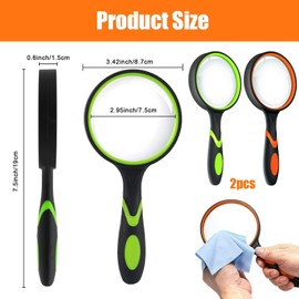 2 Pcs 10X Handheld Magnifying Glass for Reading, Classroom Science, Nature Exploration (Orange, Green)