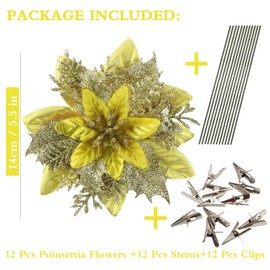 GREENTIME 12 Pcs Glitter Poinsettia Artificial Flowers Christmas with Clips Stems Xmas Tree Ornaments for New Year Party Stairs Fireplace Porch Balcony Garden Church Wreath Decoration (Yellow Gold)