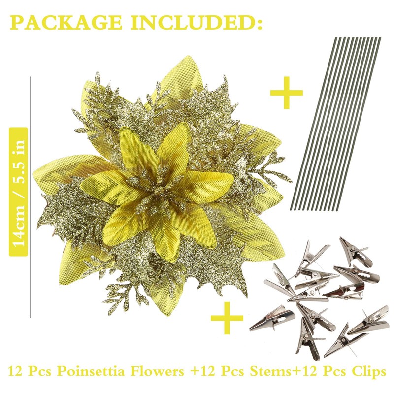 GREENTIME 12 Pcs Glitter Poinsettia Artificial Flowers Christmas with Clips
