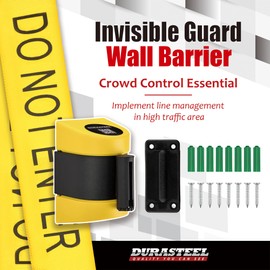 DuraSteel Wall Mount Retractable Belt Barrier - 6.5 Ft Yellow “Do Not Enter” Belt in Black & Yellow Case - Guardian 2.0 Indoor & Outdoor Caution Tape for Crowd Control Queue Barrier, Line Divider