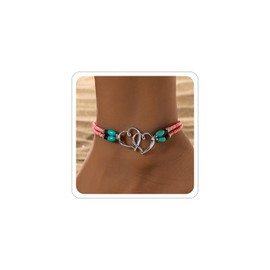Elastic Beaded Ankle Bracelets for Women Double Heart Layered Stretch Ankle Bracelets Waterproof Dainty Boho Beaded Anklets for Summer Beach Foot Jewelry (Pink Silver)