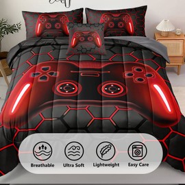Z.Jian HOME 6 Pieces Gaming Bedding Set Queen Size for Boys Gamer Comforter Set for Boys Girls Kids Teens 6 Piece Bed in A Bag Video Game Bedding for Gamer Room Decorative Queen46