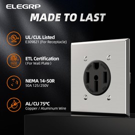 ELEGRP 50 Amps 125/250V Range Oven Stove Receptacle, NEMA 14-50R Flush Mounting Power Outlet UL Listed, Straight Blade Heavy Duty Range Receptacle, with Stainless Steel Wall Plate, Grounding, 1 Pack