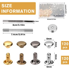 Leather Rivet Kit - Multicolor Double Cap Rivets, 6mm, 120 Sets - Includes Hollow Punch & Punch Tool for Leather Crafts, Clothes, Shoes, Jackets