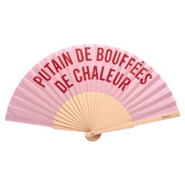 Fisura - Original hand fan with message p*tain de bouffees. Modern and fun wooden fan. Pink and red fan. Dimensions: 42.5 x 23 cm. Wood and textile.