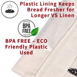 2 X Plastic Lined Bread Bags for Homemade Bread/Keep Bread Fresh – Linen Eco Bread Storage Bags - 44cm x 35cm XL