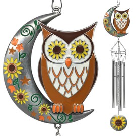 Owl Windchimes - Sunflower Welcome Medallion - Enameled Owl with Sunflowers Stars Leaves and a Moon - Hangs 24" L