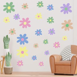 HOMMDECO 34PCS Wall Decals Flower Boho Daisy Flowers Wall Sticker Mixed Size Wall Art Stickers Flowers Pink Wall Decor PVC Colorful Cartoon Design, for Bedroom