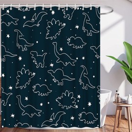 Cute Dinosaur Shower Curtain Kids Funny Cartoon Wild Animals Stars Abstract Lines Textured Modern Creative Art for Boys Girls Polyester Curtains Bathroom Decor with Hooks 70wX70h Inch