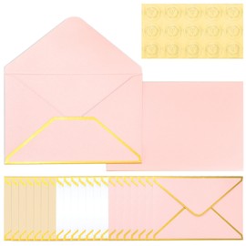 21 Pack A7 Envelopes with Gold Border, Thick Shimmer Cardstock for 5”x 7” Cards, Self-Adhesive V-Flap, Perfect for Wedding Invitations, Graduation Greetings & Bridal Cards (Ivory, Gold, Pink)