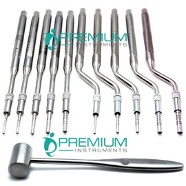 11 Pc Dental Osteotomes Straight & Curved Tip & Mead Mallet Bone Spreading Instrument
