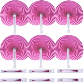 Bestage 12 Pieces Folding Hand Paper Fans Handheld,Pink Round Foldable Decorative Wedding Fans Chinese and Japanese Fans Bulk for Bridal Guest Church Party Favors Dancing Birthday DIY