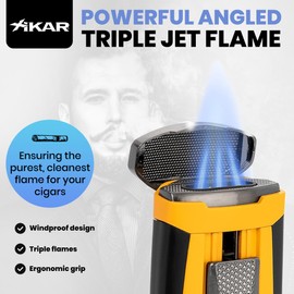 Xikar HP3 Triple Jet Flame Butane Torch Lighter, Yellow | Wind-Resistant, Refillable with EZ-View Fuel Window, Adjustable Flame & Easy Push Ignition