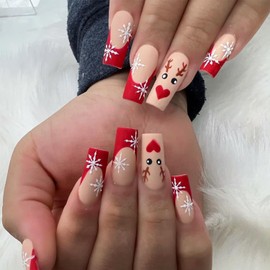 Christmas Press on Nails with French Love Elk Snowflake Design, Winter French Nails Press ons White Snow Stick on Nails Medium Long Square Shape Acrylic Nails Red Fake Nails for Women 24pcs