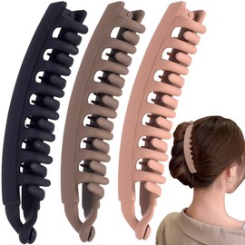 Deozu 3 Pcs Frosted Banana Hair Clips, Classic Double Combs Large Banana Clip, Non-Slip Hair Claw Clips, Big Hair Accessories for Women (Black+Brown+Khaki)