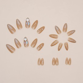 Press on Nails Pointed Medium Length, 24 Pcs Natural Glossy Full Cover Reusable False Nails with Sticky Tabs, Artificial Acrylic Fake Nails with Rhinestone Designs, Stick on Nails with Charm for Women