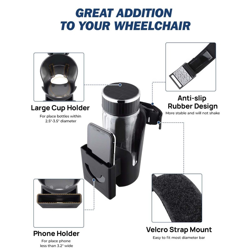 JOYTUTUS Cup Holder for Wheelchair, 2 in 1 Water Bottle