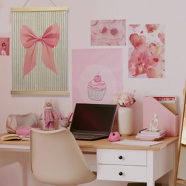 NQDWX Pink Bow Hanging Flag - Coquette Wall Decor for Girls College Bedroom, 12x17 Inches Aesthetic Canvas Banner with Wood Frame. (113)