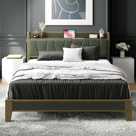 LIKIMIO Queen Bed Frame, Storage Headboard with Charging Station, Solid and Stable, Noise Free, No Box Spring Needed, Easy Assembly (Dark Green)