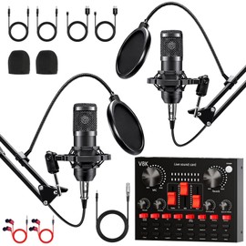 Podcast Equipment Bundle for 2, Recording Studio Package with V8K Sound Card & Mixer, Music Recording Equipment with Condenser Microphone Perfect for Recording, Singing, Streaming and Gaming (Black)