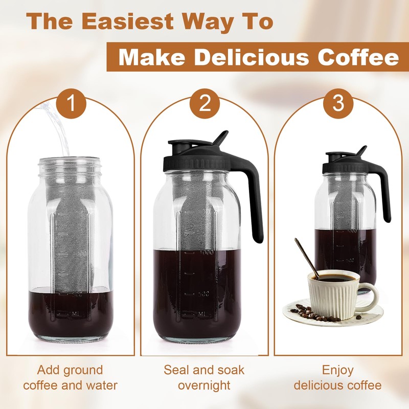 Cold Brew Coffee Maker,64 oz Mason Jar Pitcher with Stainless